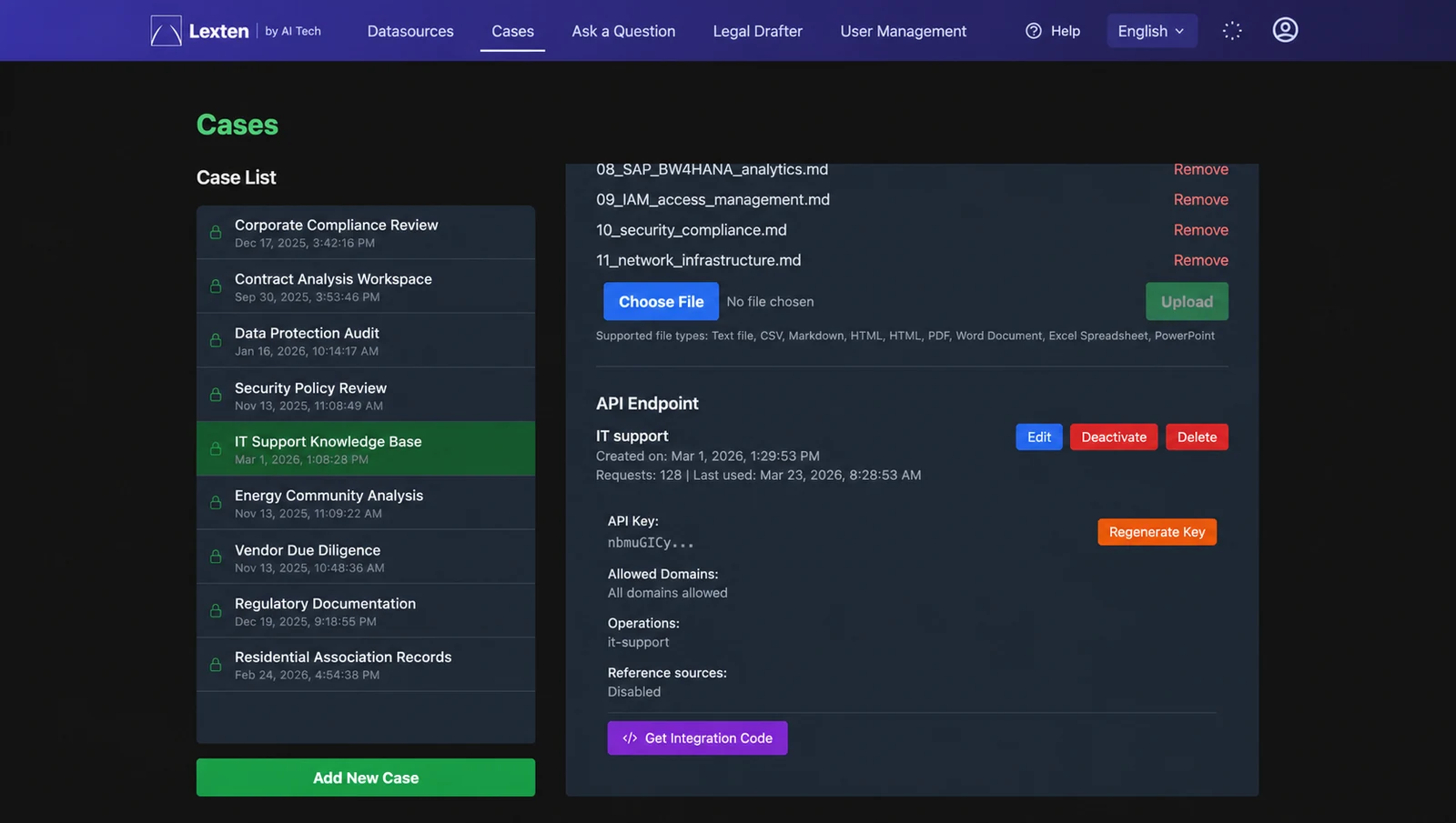 Lexten case list with uploaded documents and a secured API endpoint