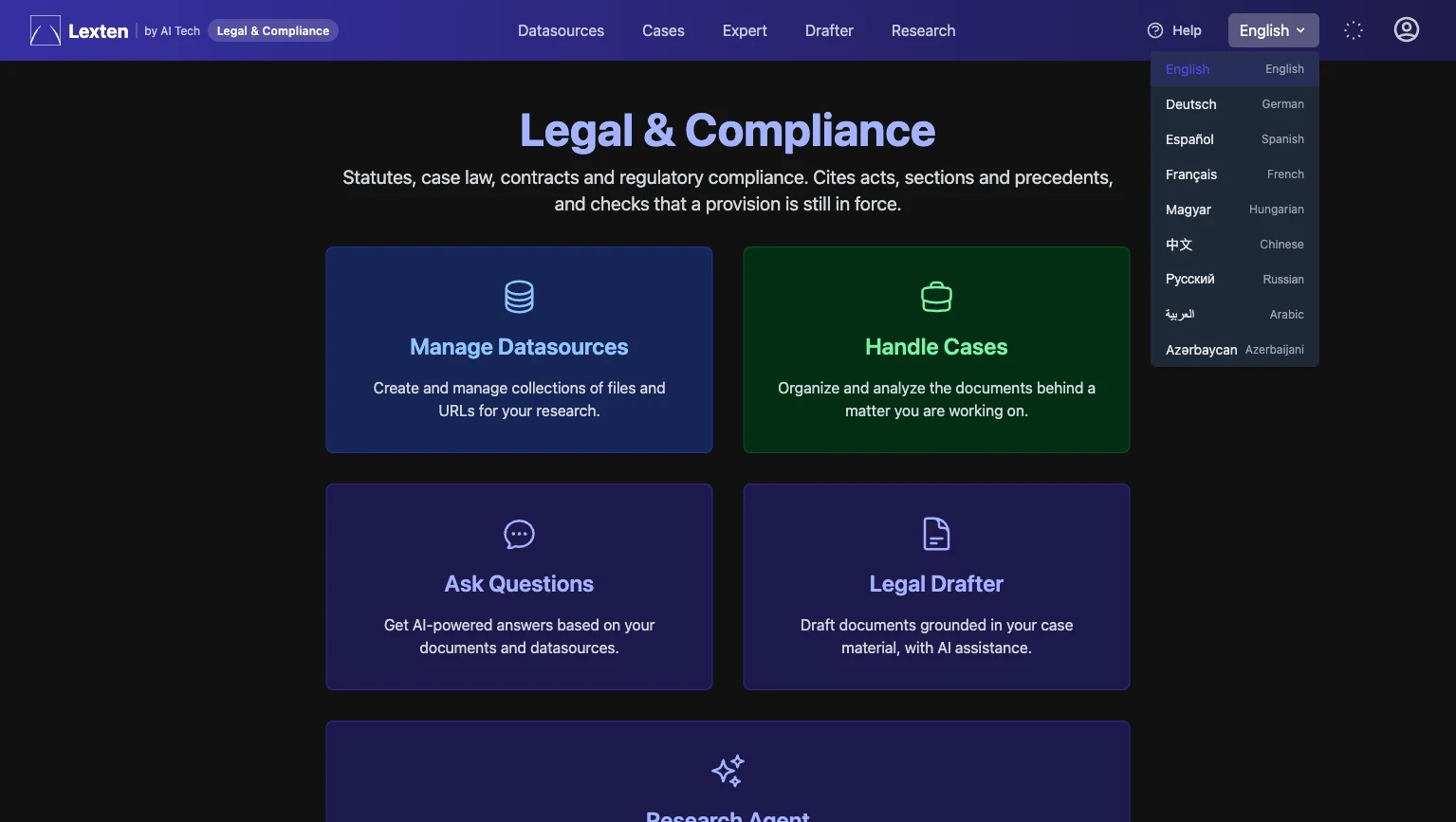 Inside the Lexten Legal and Compliance module: datasources, cases, questions, drafting, and a research agent