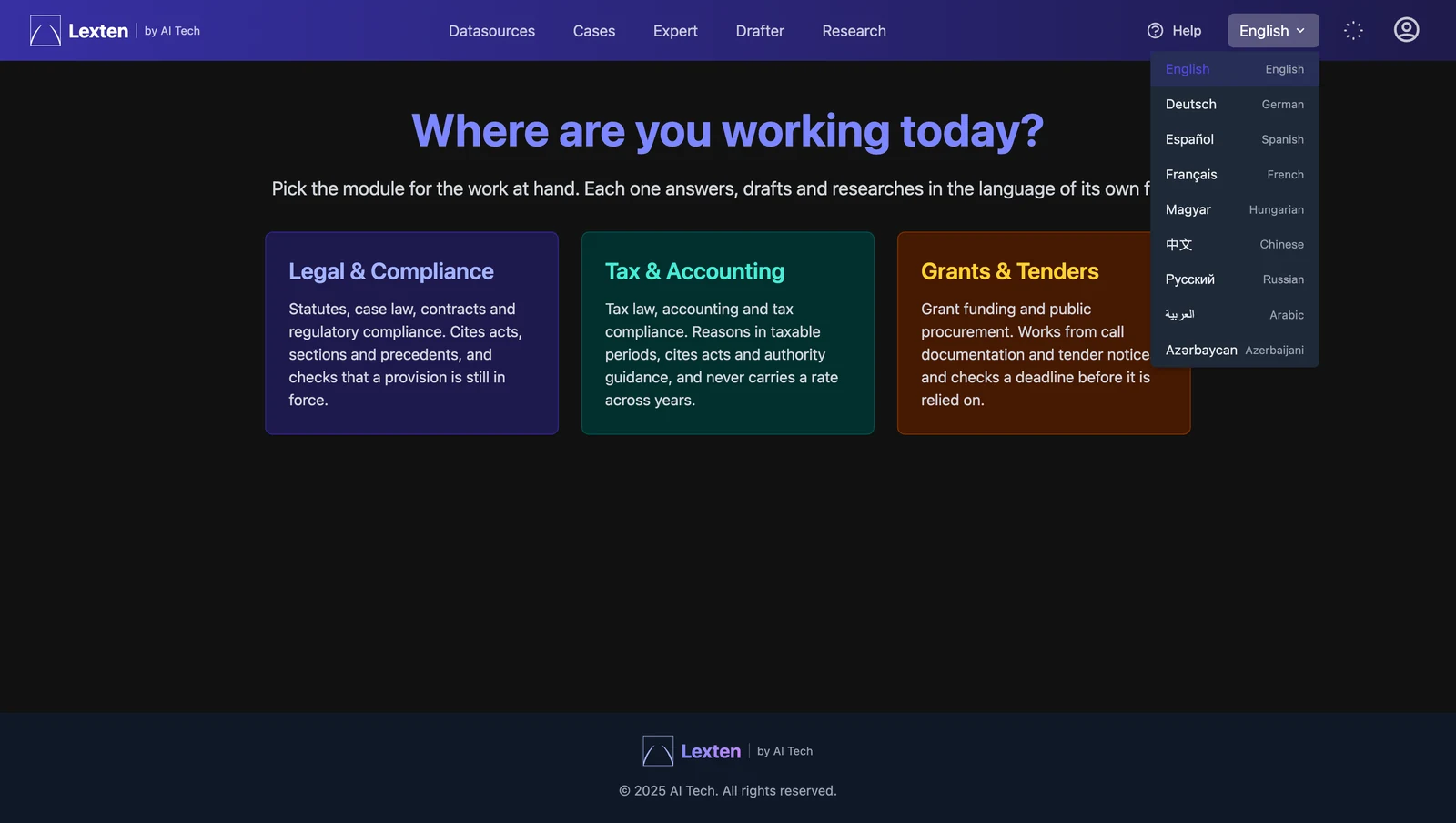 Lexten module chooser offering Legal and Compliance, Tax and Accounting, and Grants and Tenders, with the language selector open