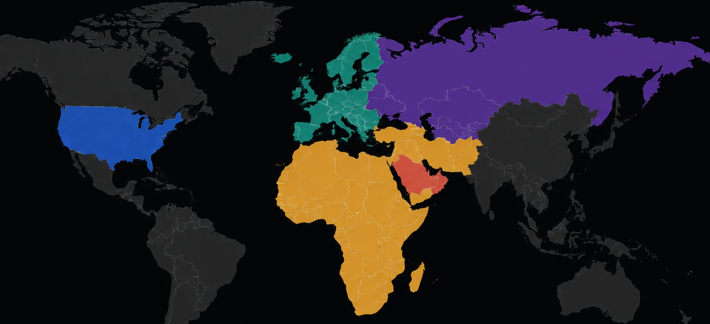 World map highlighting AITech connections in the USA, Europe, GCC, MEA Market, and CIS countries.